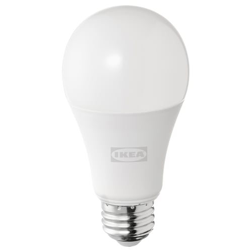 Ikea SOLHETTA led light bulb, warm white, spherical shape, white plastic.