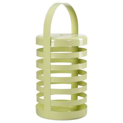 Green SOLVINDEN lamp with horizontal slats and handle, modern metallic design.