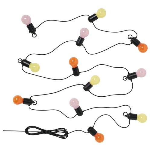 SOLVINDEN string light with orange, pink, yellow bulbs.