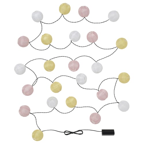 SOLVINDEN solar-powered light chain, featuring round, multicoloured lanterns, made from 100% recycled polyester, designed for outdoor use.