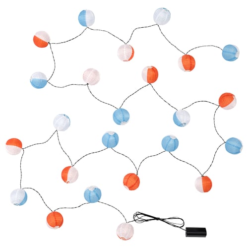 String of 10 multi-colored spherical paper lanterns, with a black battery box at the end. Perfect for indoor/outdoor decoration.