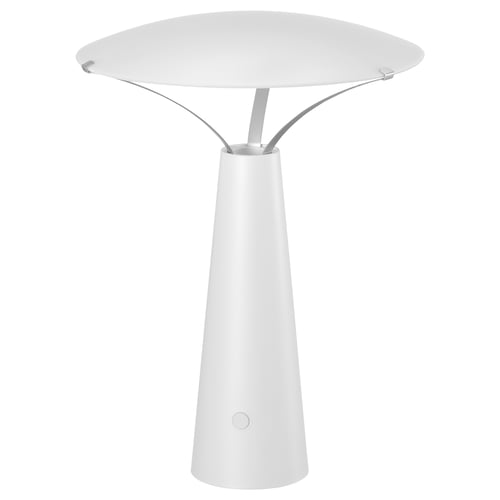 White SOLVINDEN led table lamp, modern design, round shade, metallic accents.