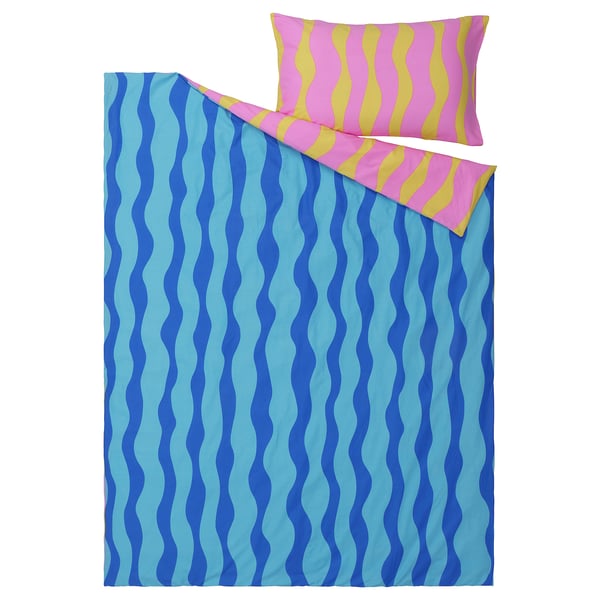 SOMMARVICKER duvet cover and pillowcase(s), blue/light pink, Twin IKEA