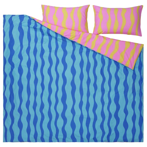 SOMMARVICKER duvet cover and pillowcase(s), blue/light pink, Full/Queen