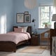 Blue bedroom with SONGESAND bed, bedside table, chair, art, rug, and large window.