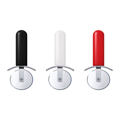 Three pizza cutters in black, white, and red. Circular blades with metallic cranks and abs plastic handles. Stainless steel parts. Ergonomic design.