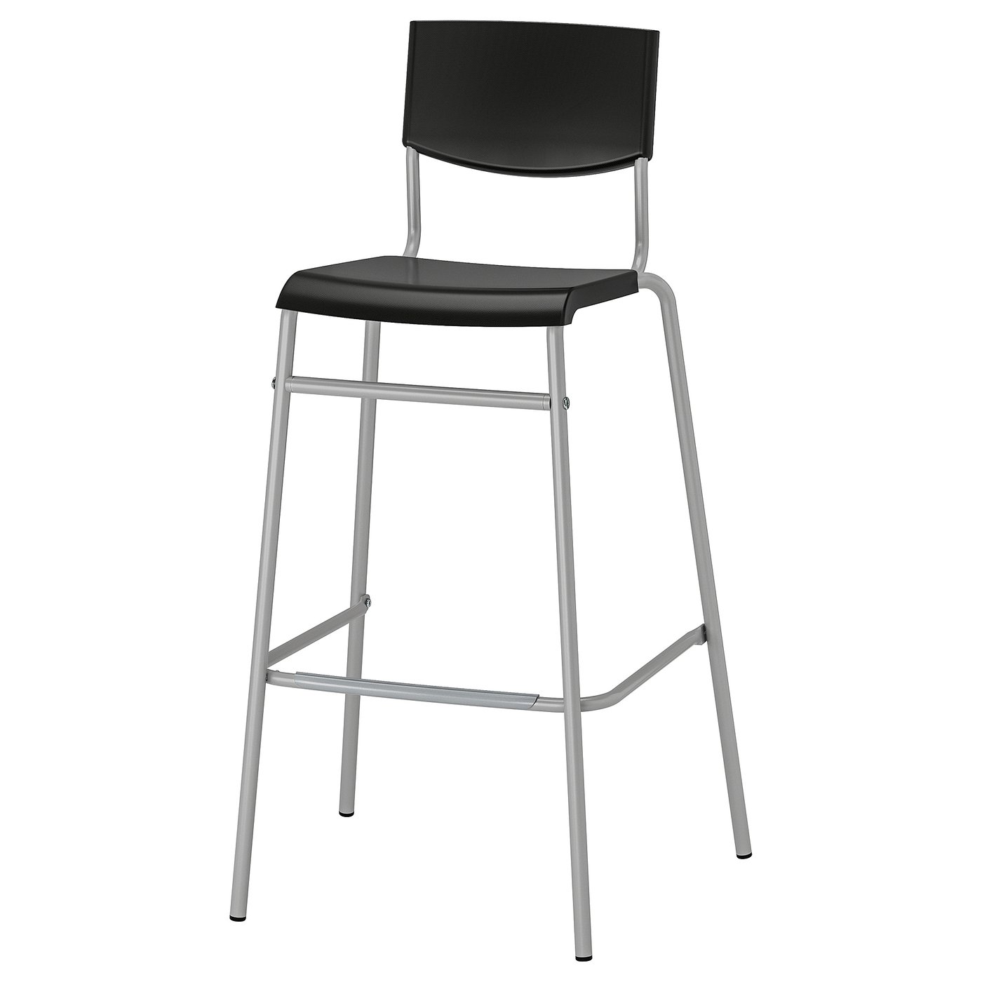 STIG Bar stool with backrest, black, silver color, 29 1/8" IKEA