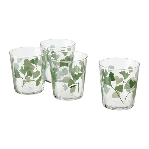 Four clear glasses with green leaf designs, diamond arrangement, round body.