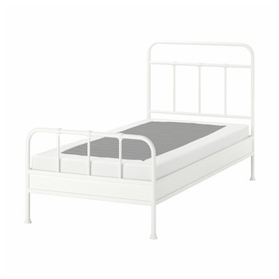 STJÄRNÖ bed: white metal frame, high headboard, steel design, mattress support base, rectangular shape.