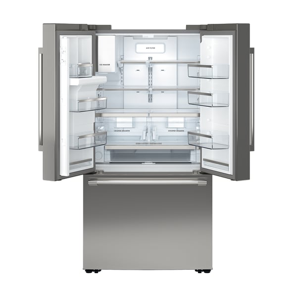 Stainless steel french door fridge with two top doors and bottom drawer. Humidity control, led lights, and water/ice dispenser.