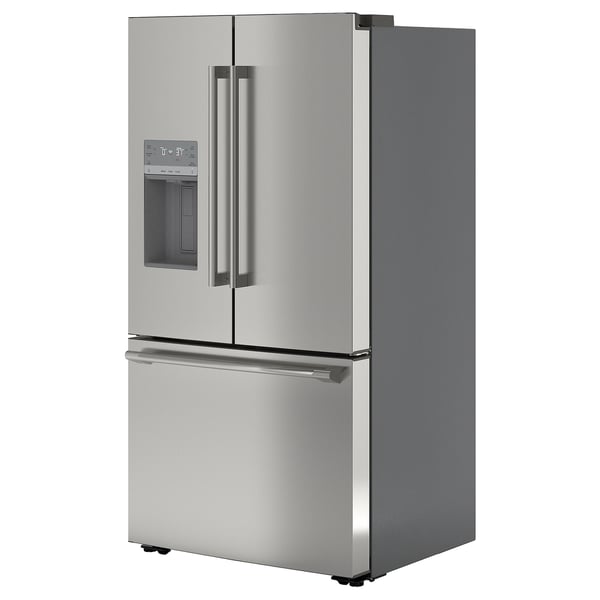 Stainless steel french door refrigerator with water dispenser, sleek design, large capacity.
