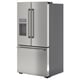 Stainless steel french door refrigerator with water dispenser, sleek design, large capacity.