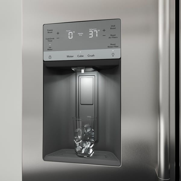 Stainless steel fridges water and ice dispenser in action, showing digital controls and glass with ice cubes.