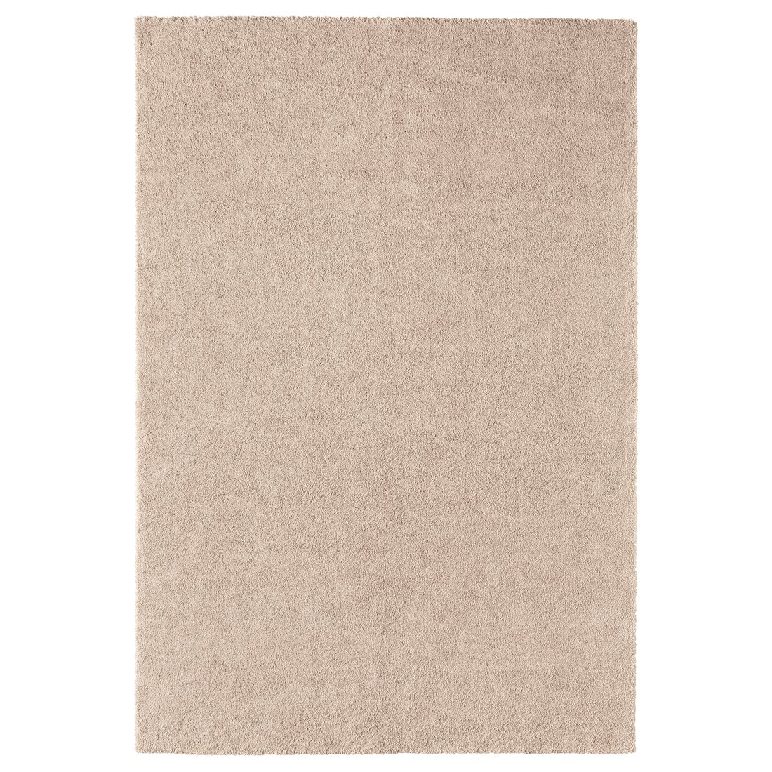 A beige ikea STOENSE area rug with a soft, thick pile, providing comfort and warmth. It has a light sheen, rectangular shape, and a smooth edge.
