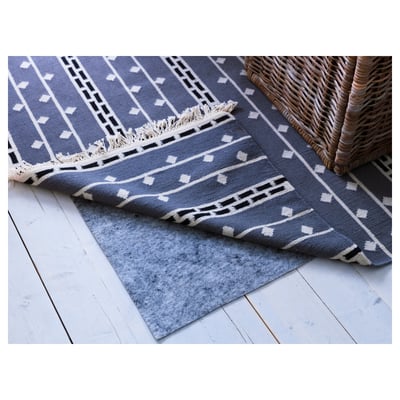 Blue rug with white designs, non-slip pad, over wicker chair.