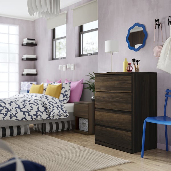 STORKLINTA 4-drawer dresser, dark brown/oak effect anchor/unlock function, 27 1/2x18 7/8x38 5/8 "