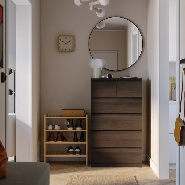 STORKLINTA 6-drawer dresser, dark brown/oak effect anchor/unlock function, 27 1/2x18 7/8x47 1/4 "