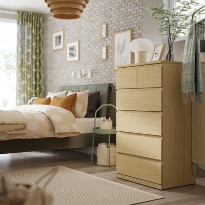 STORKLINTA 6-drawer dresser, oak effect/anchor/unlock function, 27 1/2x18 7/8x47 1/4 "