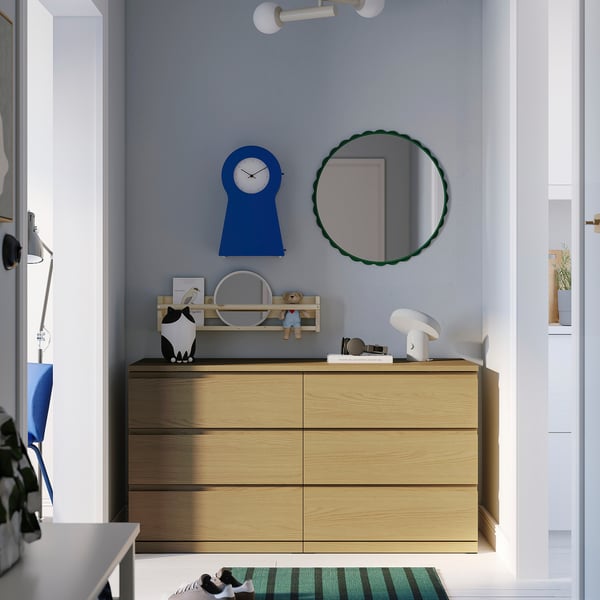 STORKLINTA 6-drawer dresser, oak effect/anchor/unlock function, 55 1/8x18 7/8x29 1/2 "