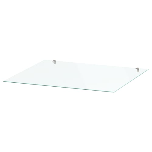 A STORKLINTA glass tabletop, clear, rectangular, and slightly bevelled at the edges. Its made from tempered glass.