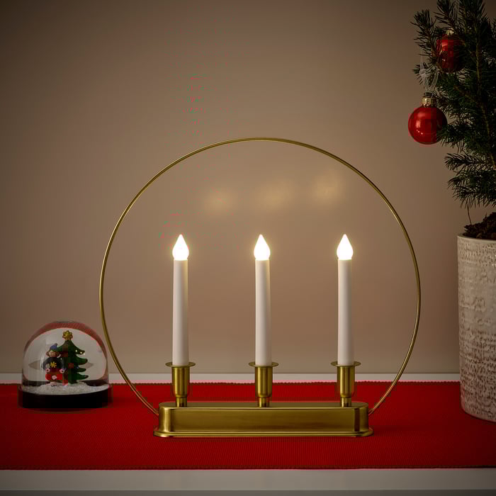 STRÅLA LED 3armed candelabra, circle/battery operated brass color, 97/