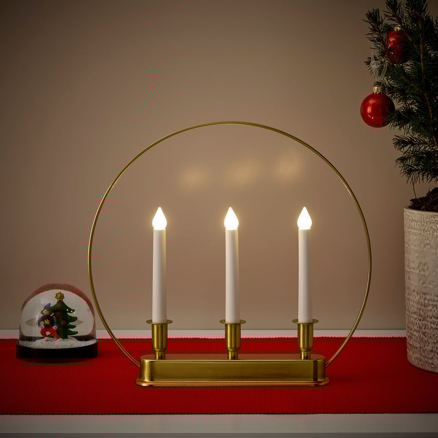 STRÅLA LED 3armed candelabra, circle/battery operated brass color, 97/