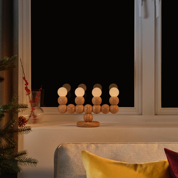 STRÅLA LED candelabra, wood battery operated