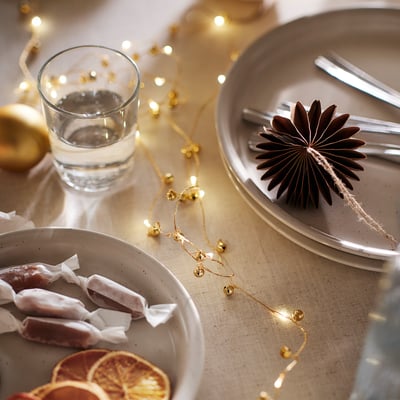 STRÅLA LED lighting chain, bell-shaped battery operated/brass color, 14 ' 9 "