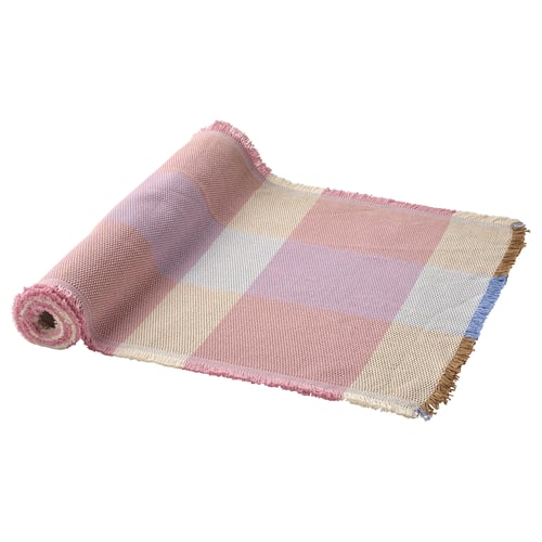 STRANDFLOKA table runner. Pastel colours, cotton, rectangular, rolled, striped pattern.