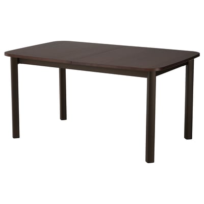 STRANDTORP brown oak veneer extendable dining table with dark legs.