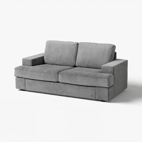 Modern grey fabric sofa, SUNDBRON, square cushions, comfortable & spacious, natural light-reflecting texture.