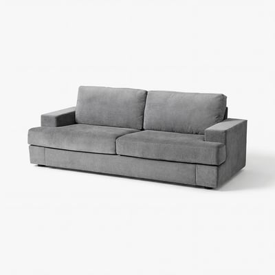 SUNDBRON grey sofa, modern style, soft cushions, chenille fabric, rectangular shape, high back.