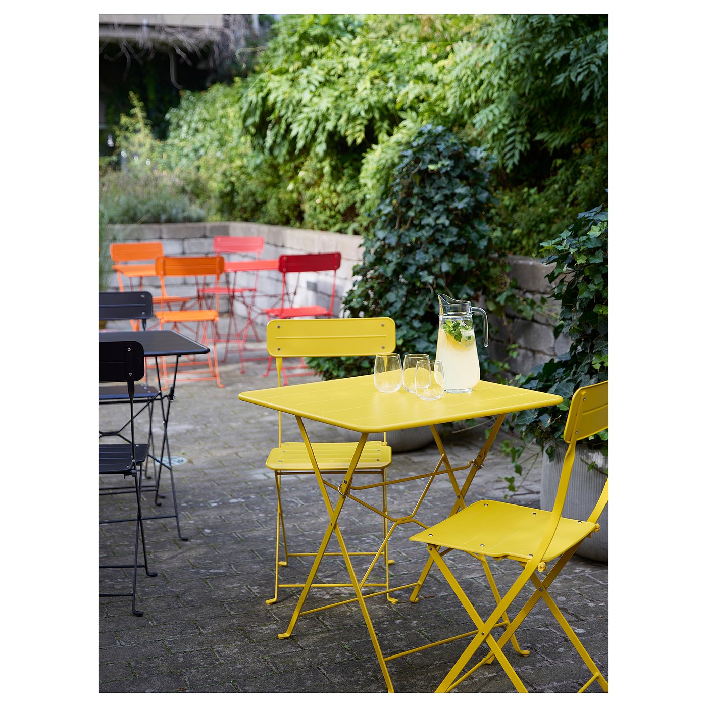 Table and 2 folding chairs, outdoor bright yellow/bright yellow 2