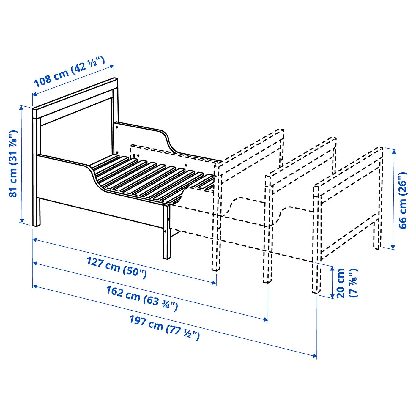 SUNDVIK ext bed frame with slatted bed base, gray, 381/4x743