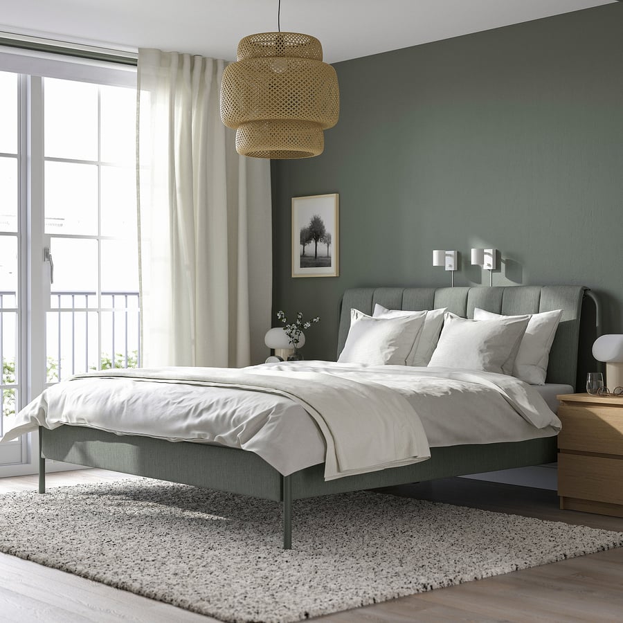 TÄLLÅSEN upholstered bed frame, Kulsta gray-green/Luröy, King - IKEA
