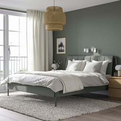 TÄLLÅSEN Upholstered bed frame with mattress, Kulsta gray-green/Valevåg firm, King
