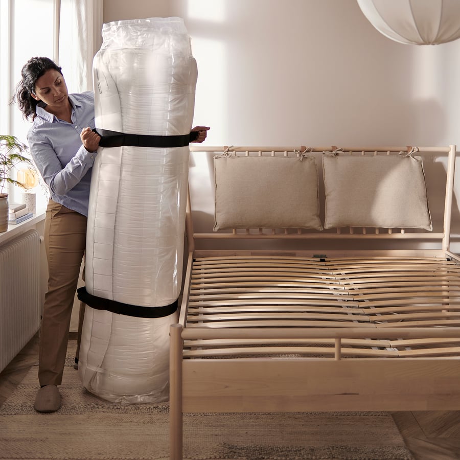 TÄLLÅSEN upholstered bed frame with mattress, Kulsta gray-green/Valevåg ...