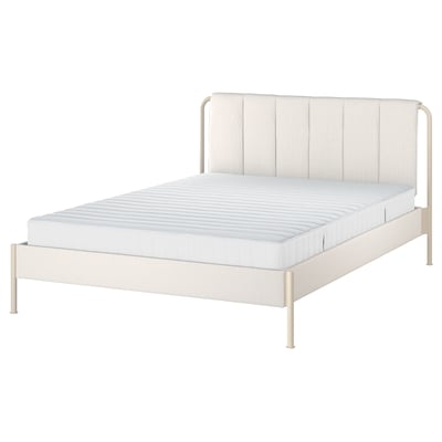 TÄLLÅSEN Upholstered bed frame with mattress, Kulsta light beige/Valevåg firm, Queen