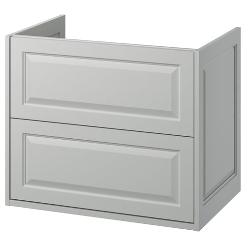 Light grey TÄNNFORSEN bathroom cabinet with bevelled edges, featuring two drawers, classic design.