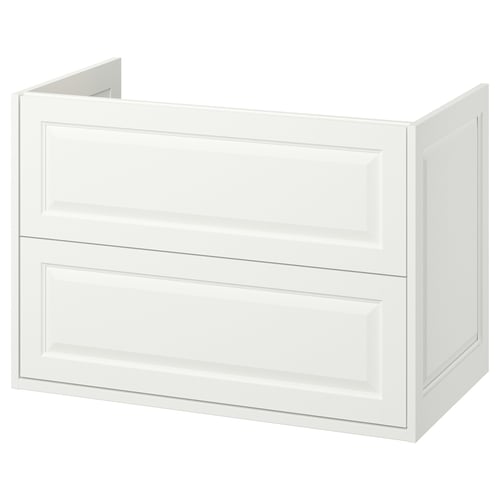 White TÄNNFORSEN bathroom vanity with panelled drawers.