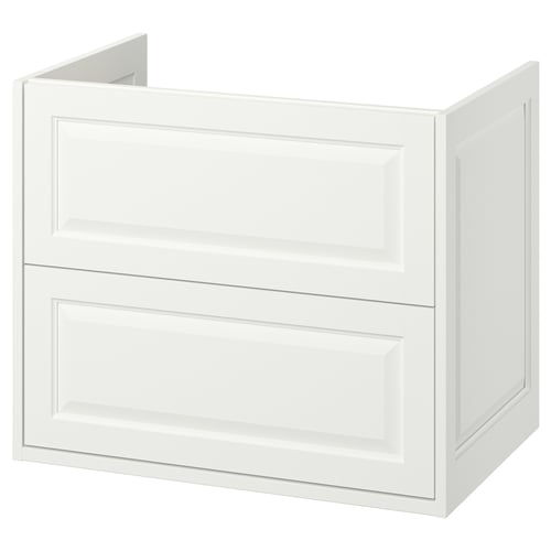 White TÄNNFORSEN bathroom cabinet with classic bevelled edges for stylish storage.