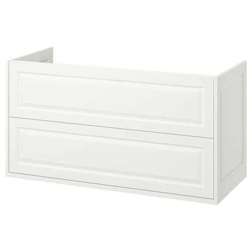 A white TÄNNFORSEN bathroom cabinet with classic bevel details and two drawers for storage.