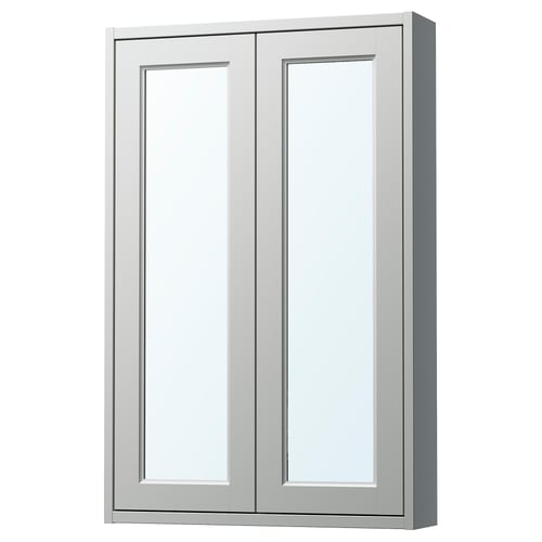 Grey TÄNNFORSEN bathroom mirror cabinet with bevelled panels.