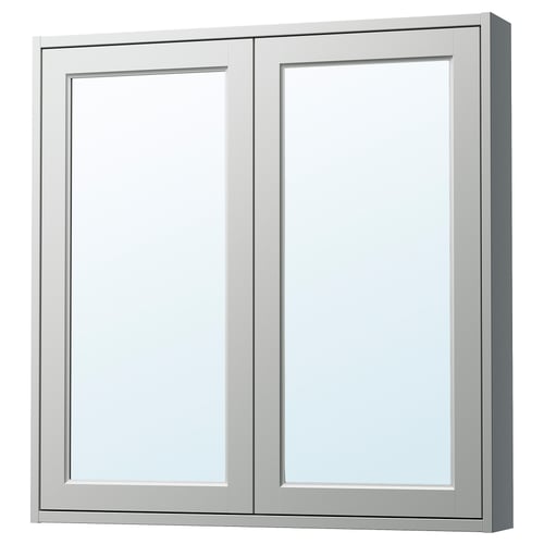 TÄNNFORSEN light grey shallow mirror cabinet with bevelled panels.