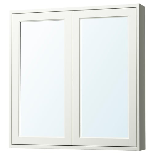 A TÄNNFORSEN white bathroom mirror cabinet with bevelled panels, featuring a shallow design for space efficiency.