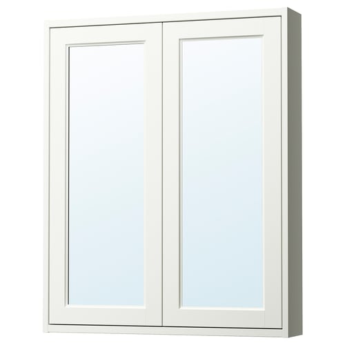 TÄNNFORSEN white cabinet, classic bevelled panels, mirror doors, wall-mounted.