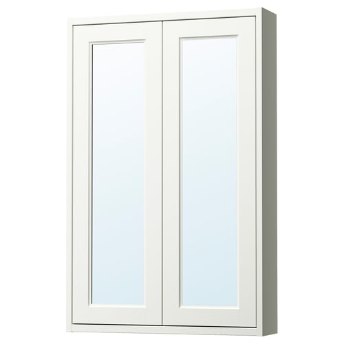 White bathroom mirror cabinet with bevelled panels & storage.