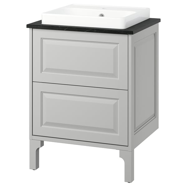 Elegant grey vanity, TÄNNFORSEN, with black counter, white basin, two drawers, bevelled edges.