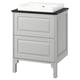 Elegant grey vanity, TÄNNFORSEN, with black counter, white basin, two drawers, bevelled edges.