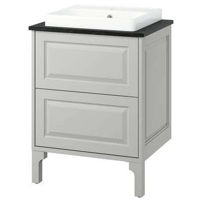 Elegant grey vanity, TÄNNFORSEN, with black counter, white basin, two drawers, bevelled edges.
